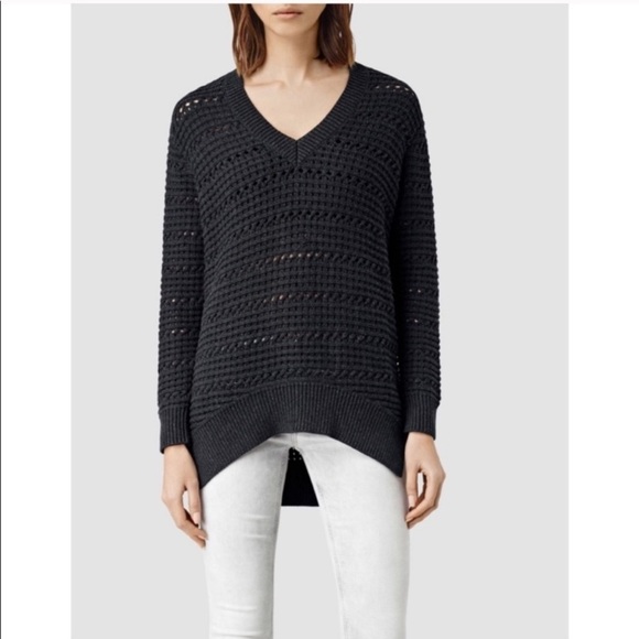 All Saints Sweaters - ALL SAINTS Lota V Neck Sweater Cable Knit Dark Blue XS